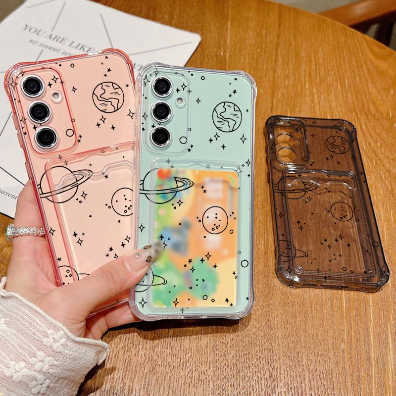 Cute Planet Pattern Clear Card Slot Case For Samsung S24 FE S23 S22 Ultra A16 A55 A15 A35 A54 A34 A14 Shockproof Soft Silicone Protection Phone Cover