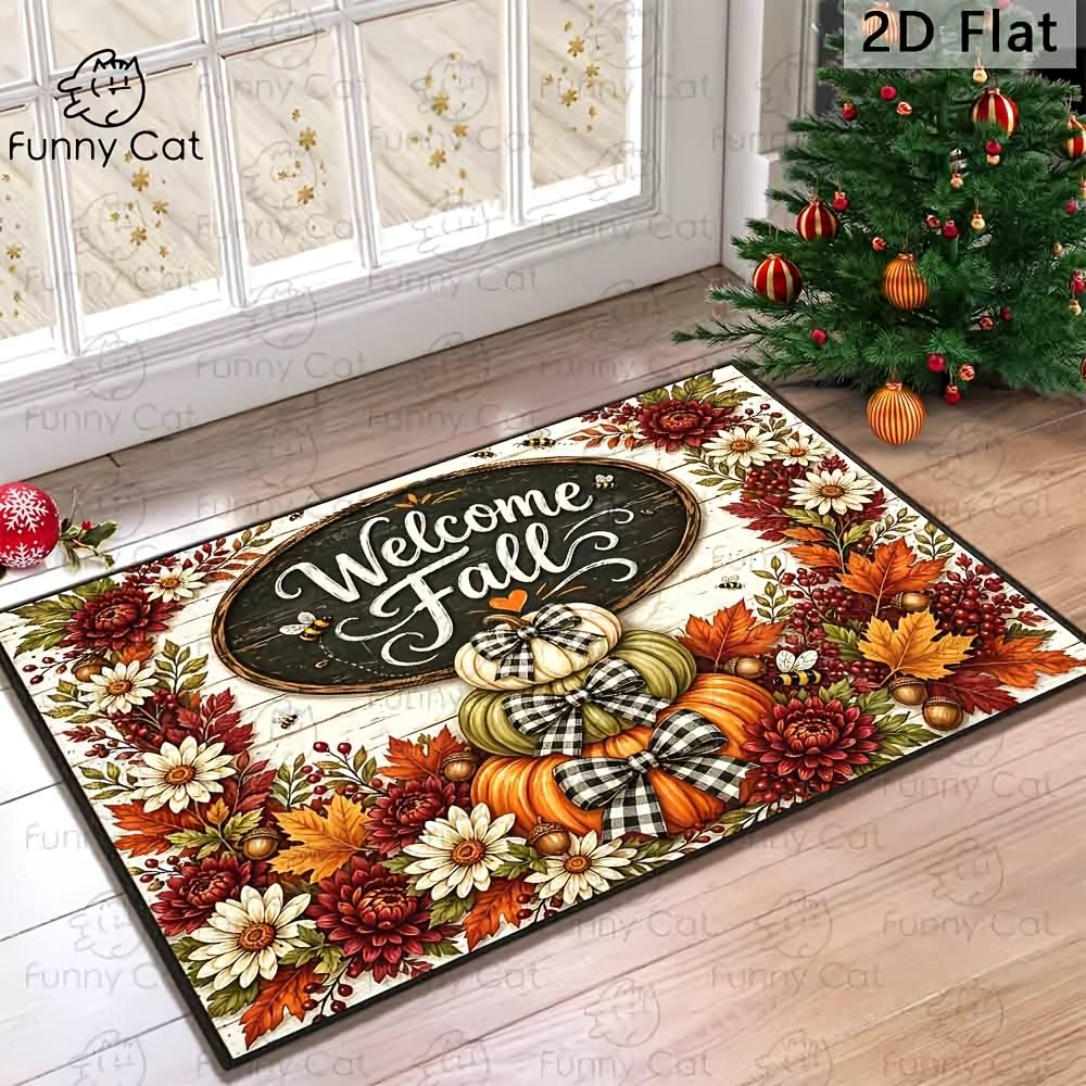 1pc Welcome Fall Doormat, Vintage Plaid Bow Pumpkin Maple Leaf Daisy Chrysanthemum Bee Acorn Decorative Floor Mat, Farmhouse Harvest Season Style, Ind
