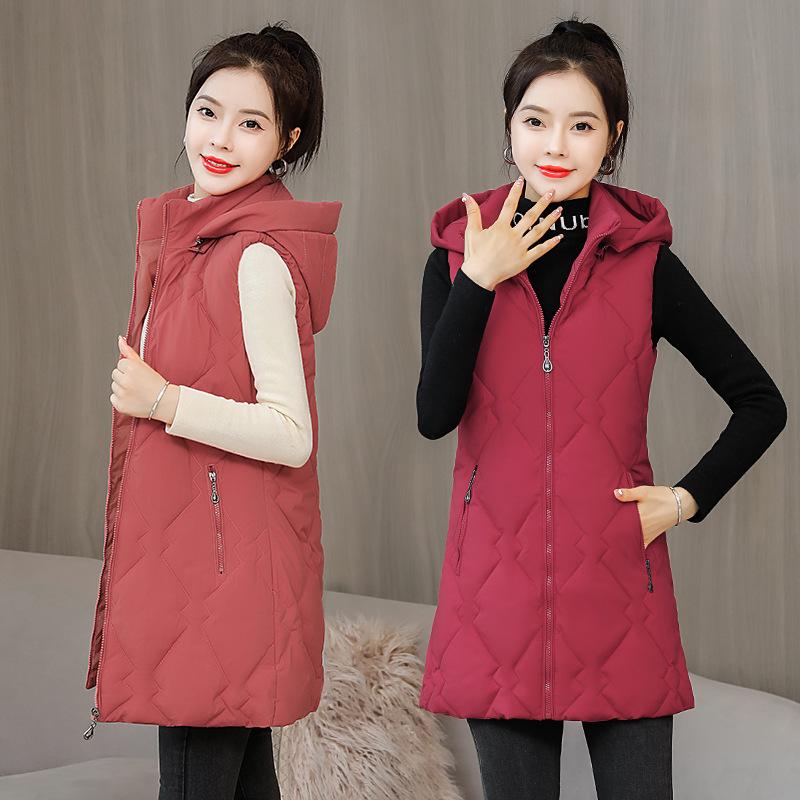 2024 autumn and winter new removable hat vest women's Korean version slim fit medium and long vest women's sleeveless cotton-padded coat tide