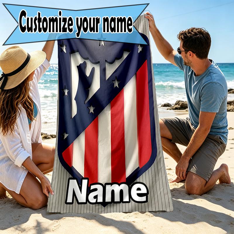 Custom Name Personalized Atletico Madrid Print Beach Towel, for Trip Camping Beach Party Home Decor, Birthday Gift for Family & Friends