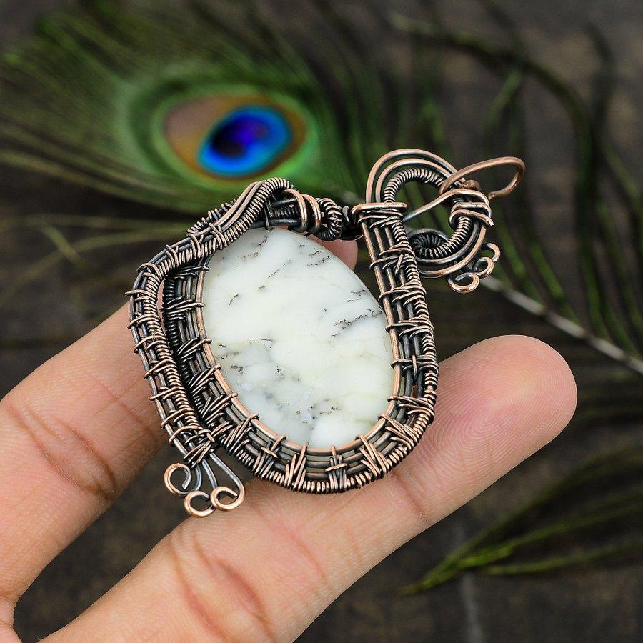 Natural Dendrite Opal Gemstone Handmade Copper Wire Wrap Pendant 2.84" g4F16