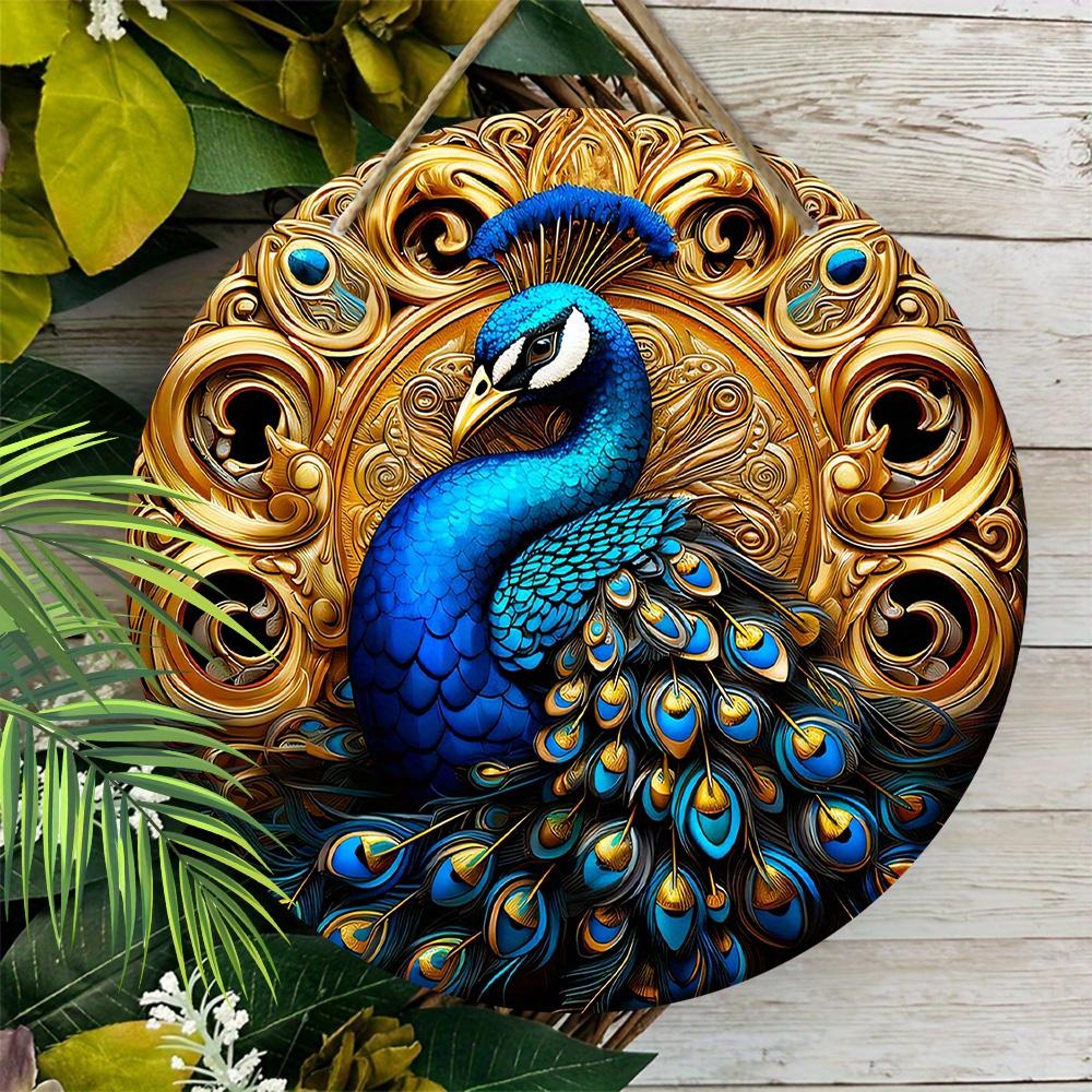 Wooden Diwali Decor Wooden Ornament - Blue Peacock Pattern Gold Background -2D Flat Products-for Door,  Farmhouse, Street, Shop, Garage, Bar,
