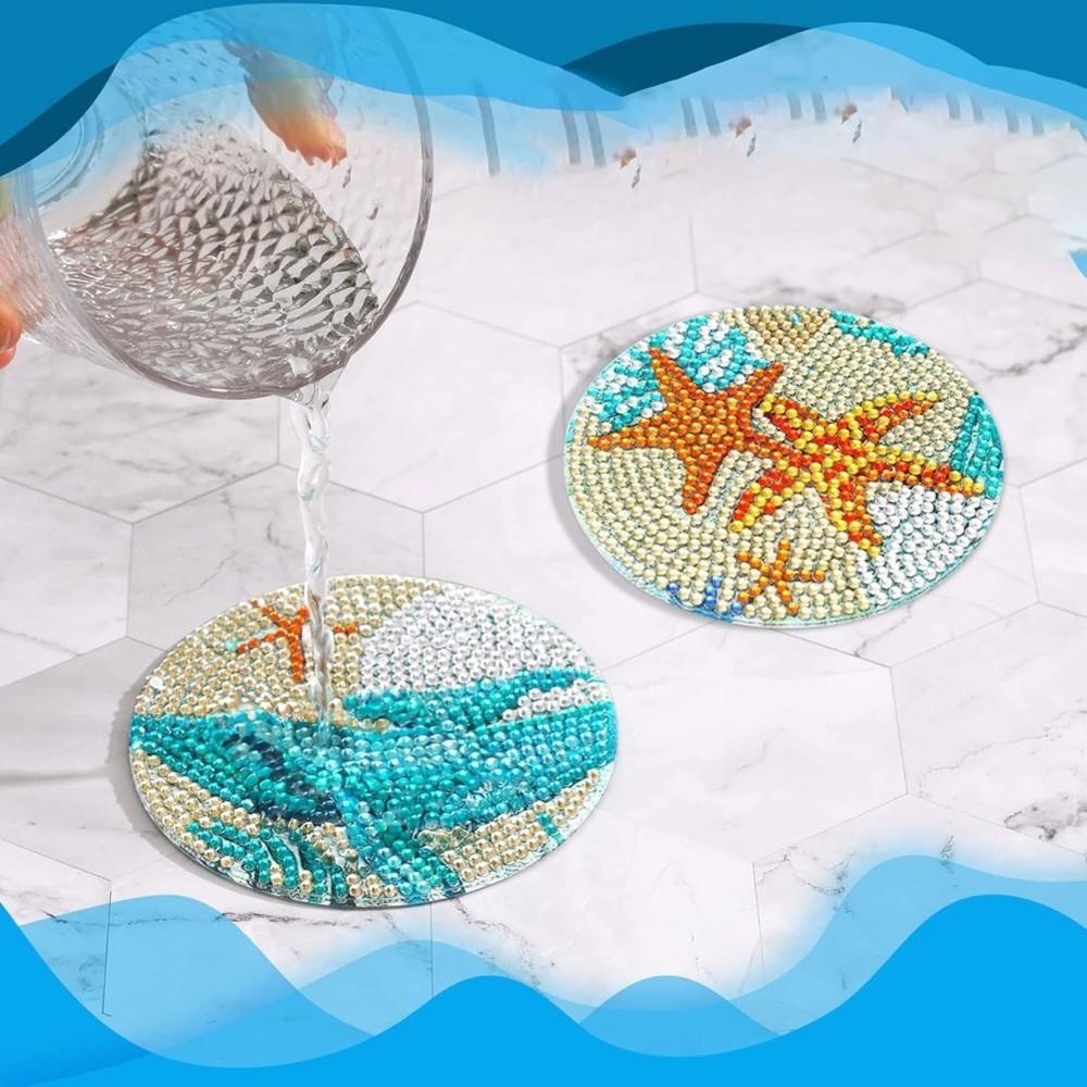 B97A-DIY Crafts With Bracket, 1Set/8Pcs Ocean Art Painting Coaster Set Adult Anti Slip Coaster Art Supplies Gift