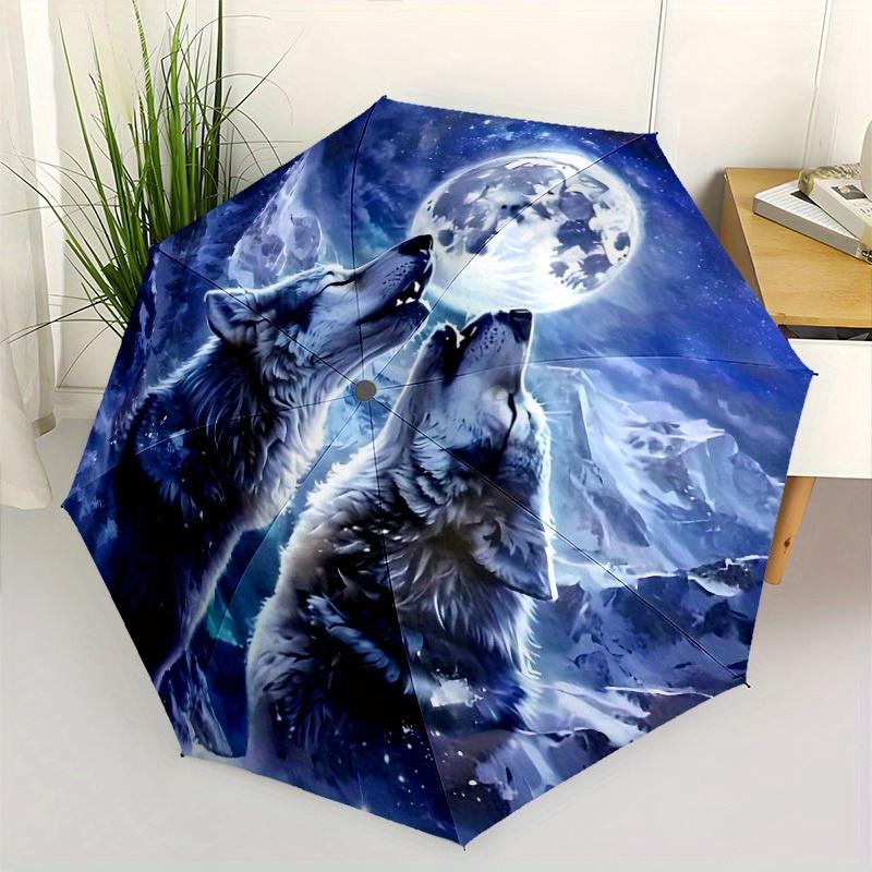 

Moonlight Wolf Automatic Open/Close Umbrella with Wolf & Night Sky Design, 8-Rib Durable Frame, Windproof & Foldable - Stylish Iron&8K