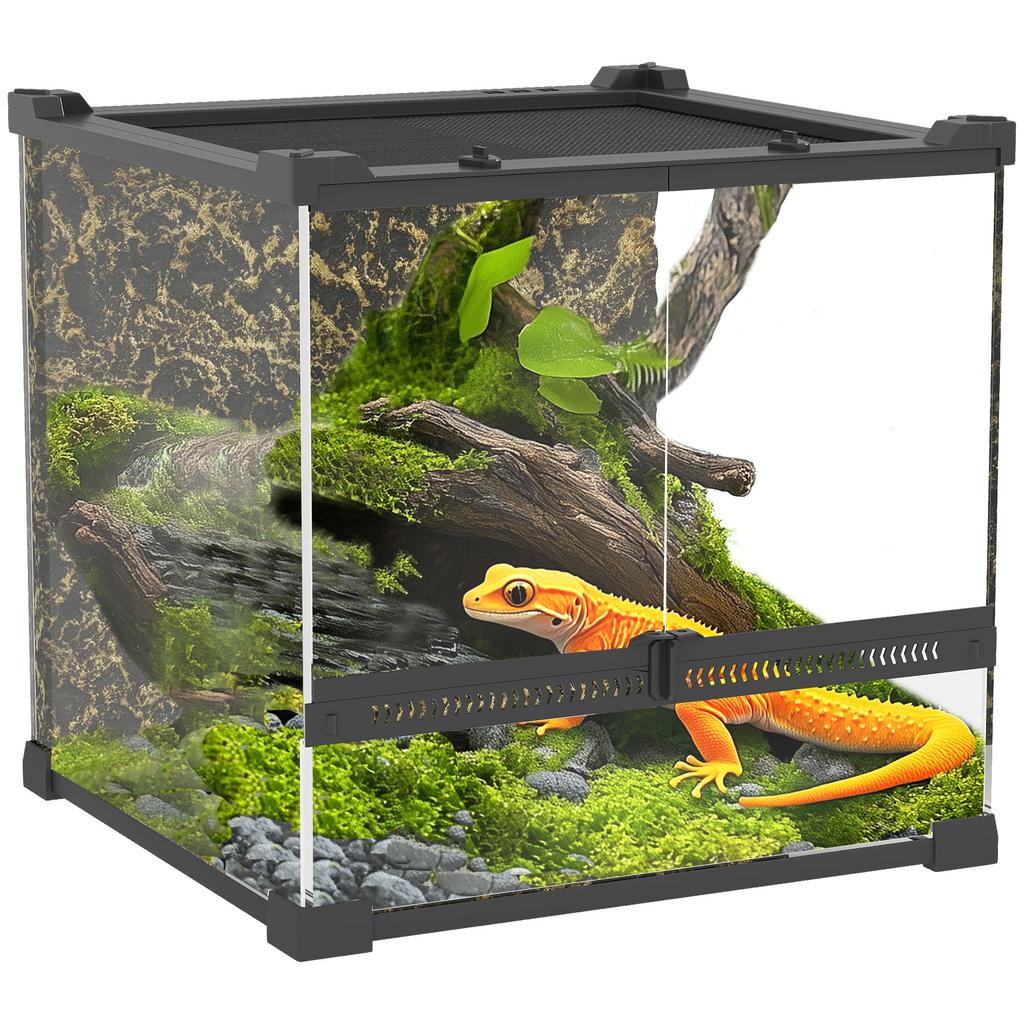 Glas-Terrarium für Reptilien mit Steinrückwand, Frontbelüftung, Ausbruchsicheres Drehknopfloch, 30 x 30 x 30 cm, Schwarz