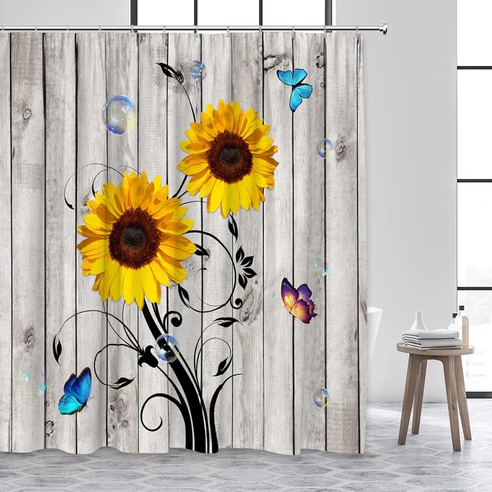 Sunflower Shower Curtain Natural Floral Butterfly Rustic Vintage Shabby Wood Board Flower Print Fabric Bathroom Decor With Hooks