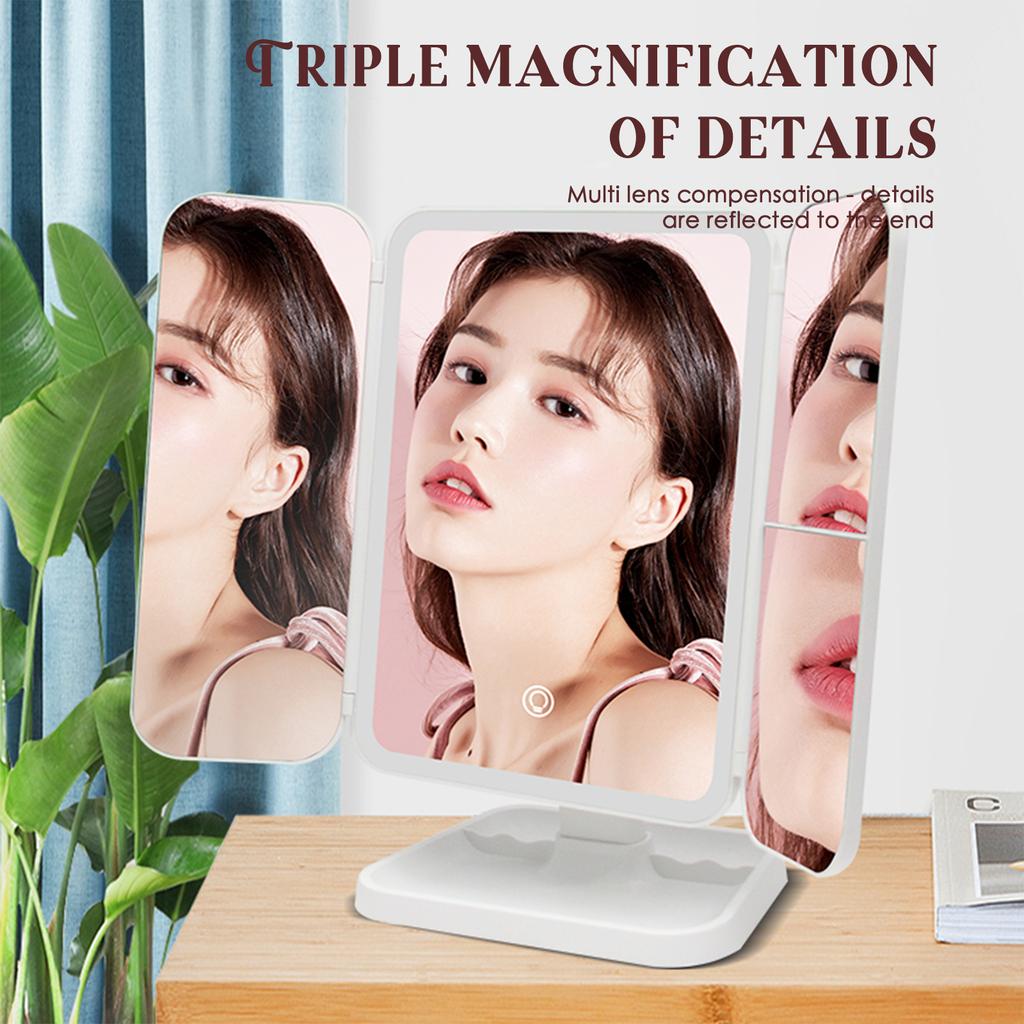 LED Trifold Makeup Mirror +2X +3X Magnification 3 Adjustable Color Temperatures Stepless