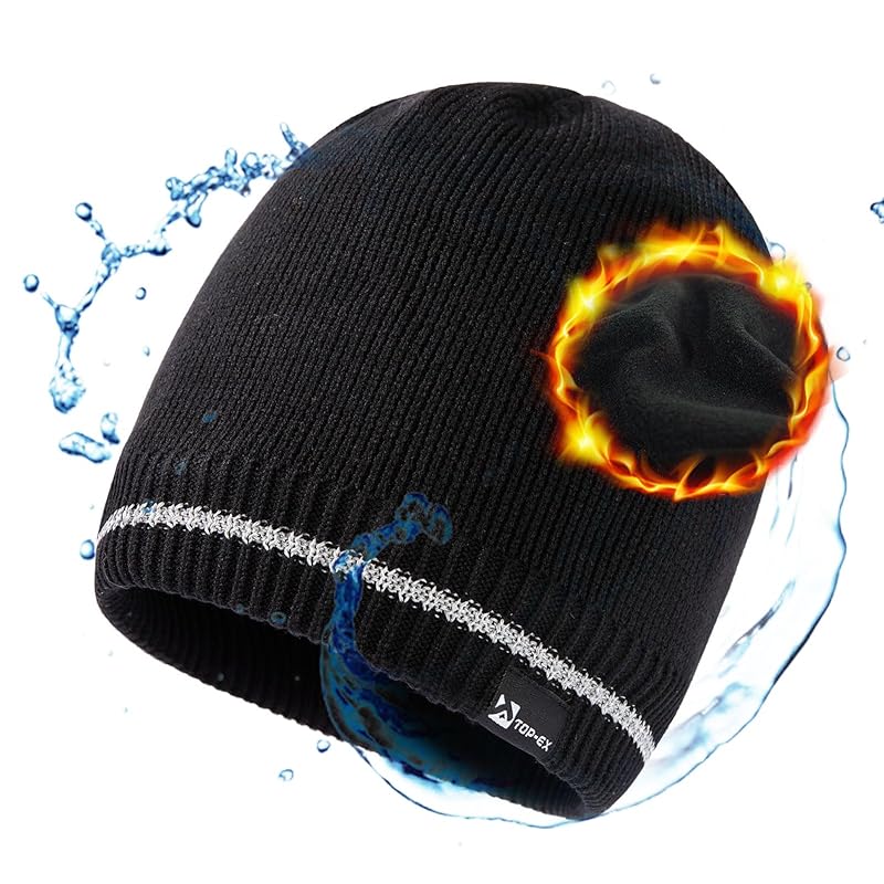 

[TOP-EX] black L reflective strip men s knit hat waterproof hat knit cap large size ski hat snowboarding hat small face effect Cold protection autumn