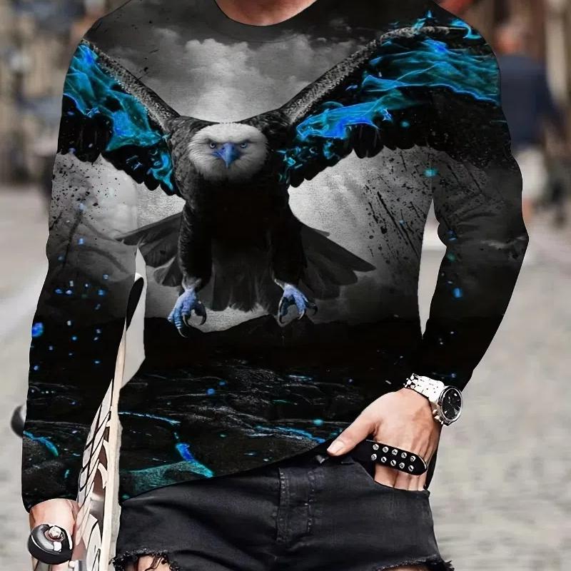 Moda Aquila Stampa Digitale 3D T-Shirt Casual Comoda a Maniche Lunghe Autunno Abbigliamento Fantasia da Uomo Top Regali da Uomo