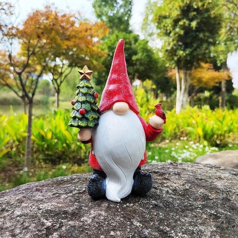 Santa Claus Statue Christmas Home Decoration Gnome Holding Christmas Tree Ornaments Garden Microlandscape Decor Resin Crafts