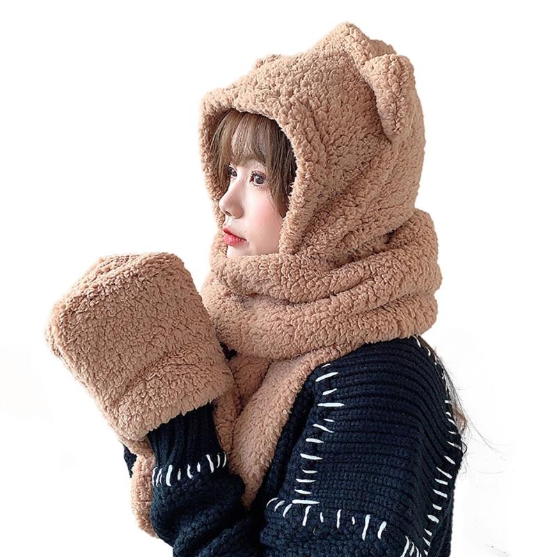 Trendy Women Plush Hats Gloves Scarf 3in1 Suit Cartoon Bear Ear Shape Warmth Hats Hat Adults Winter Hat for Teenagers