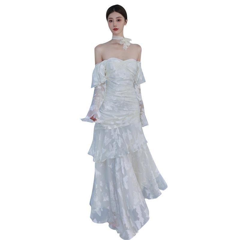 French Mermaid Ji Butterfly Jacquard Dress Lotus Leaf Edge Long Sleeve Light Luxury Dress
