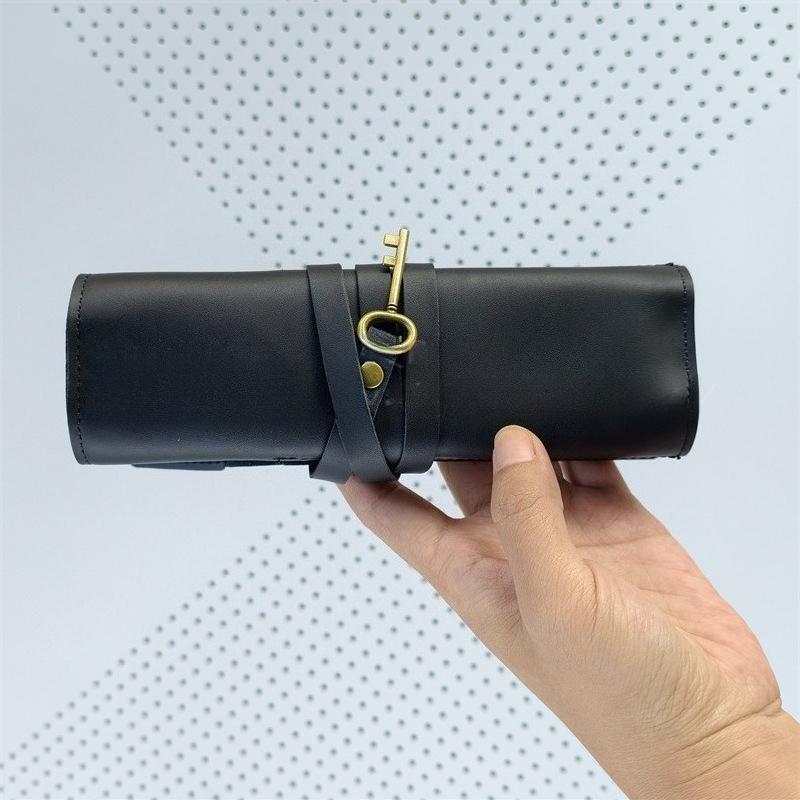 

New Vintage Crazy Horse PU Leather Pencil Case - Multi-Function Stationery Organizer Roll Bag with Multi-Pen Slots Supplies чёрный