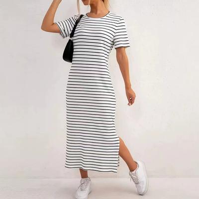 Spring and Summer New Split Design Women's Fashion Striped Dress