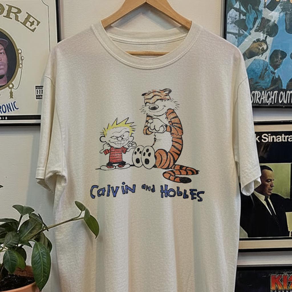 90s Calvin And Hobbes Aged Washed T-Shirt White XXL