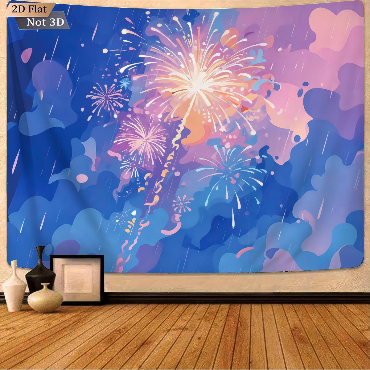 

1pc Beautiful Fireworks Oil Painting Print Tapestry Living Room Wall Decoration Background Cloth Machine Washable Space Pendant 200x150cm