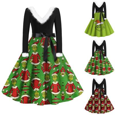 Damenmode V-Ausschnitt Lässig Schlank Weihnachtsdruck Langarm Wollkleider