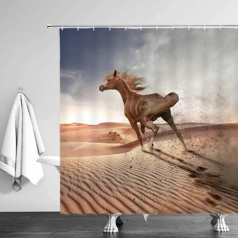 Western Horse Shower Curtains Running Horses Farm Animal Country Unique Oil Painting Abstract Art Fabric Bathroom Deco Set Hooks