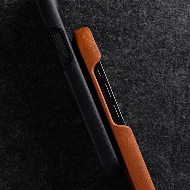 MELKCO For iPhone 15 Pro Case Genuine Cow Leather Coated PC Incomplete Waxy Phone Cover