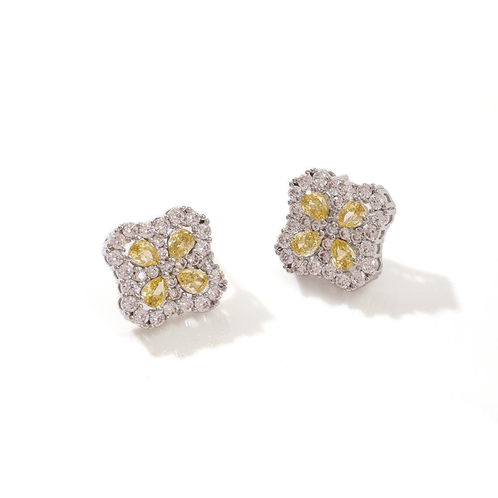Trendy Four-Leaf Clover Earrings with Colorful Zircon and Gold-Plated Copper, featuring a Full Yellow Diamond Design for Elegant Ladies.