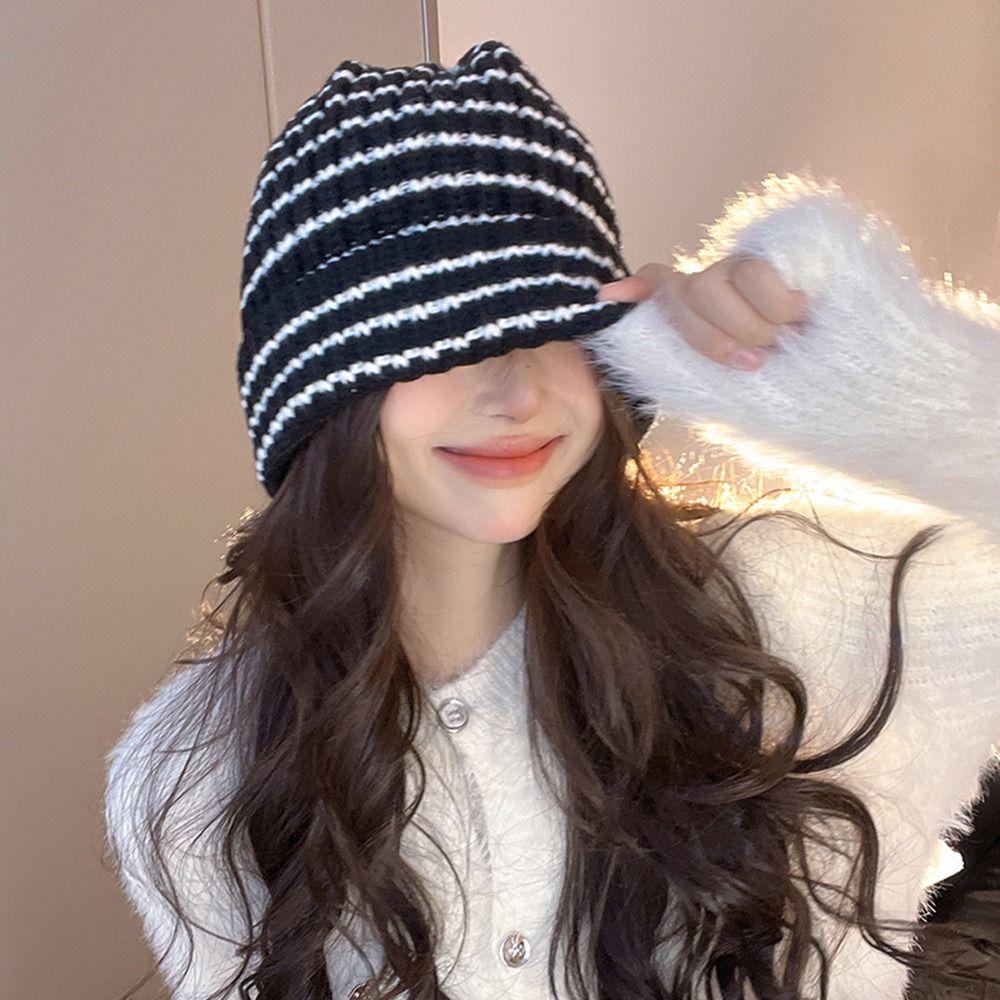 Ins Little Devil Women Stripe Beanie Striped Skull Cap Fashion Knit Hat Autumn Winter
