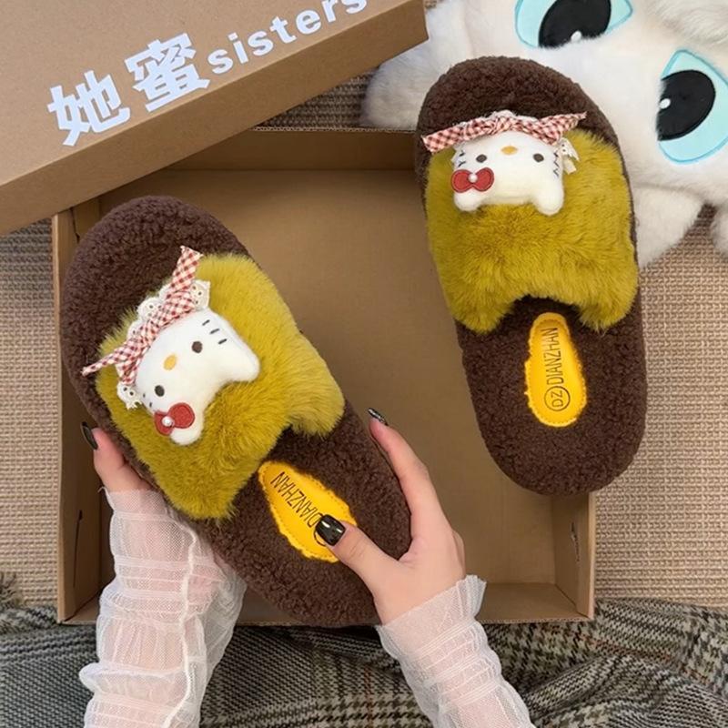 Fleece Warm Fluffy Slippers One-word Drag Internet Celebrity Fashion Cartoon Hello Kitty Cotton Slippers Women's 2025 Autumn and Winter New