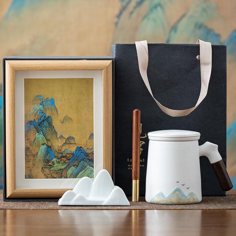 Qianli Jiangshan Ceramic Tea Separation Office Mug Set Elegant White Painting