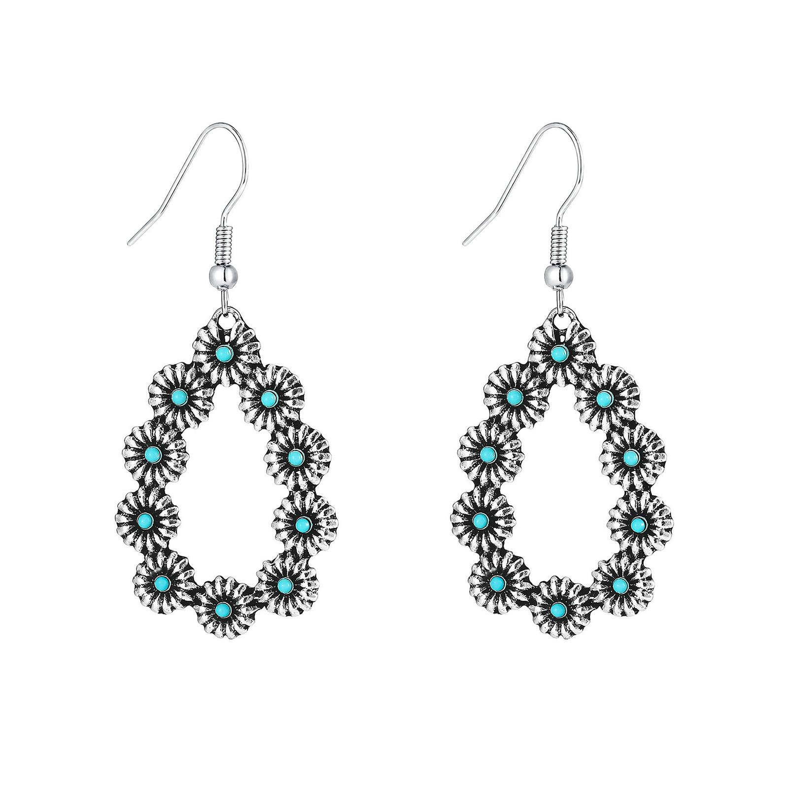 

Винтажные серьги с бирюзой для женщин, этнический стиль, серьги-подвески в виде цветка и капли, элегантные бохо серьги, ювелирные изделия, аксессуары для ушей бронзовый