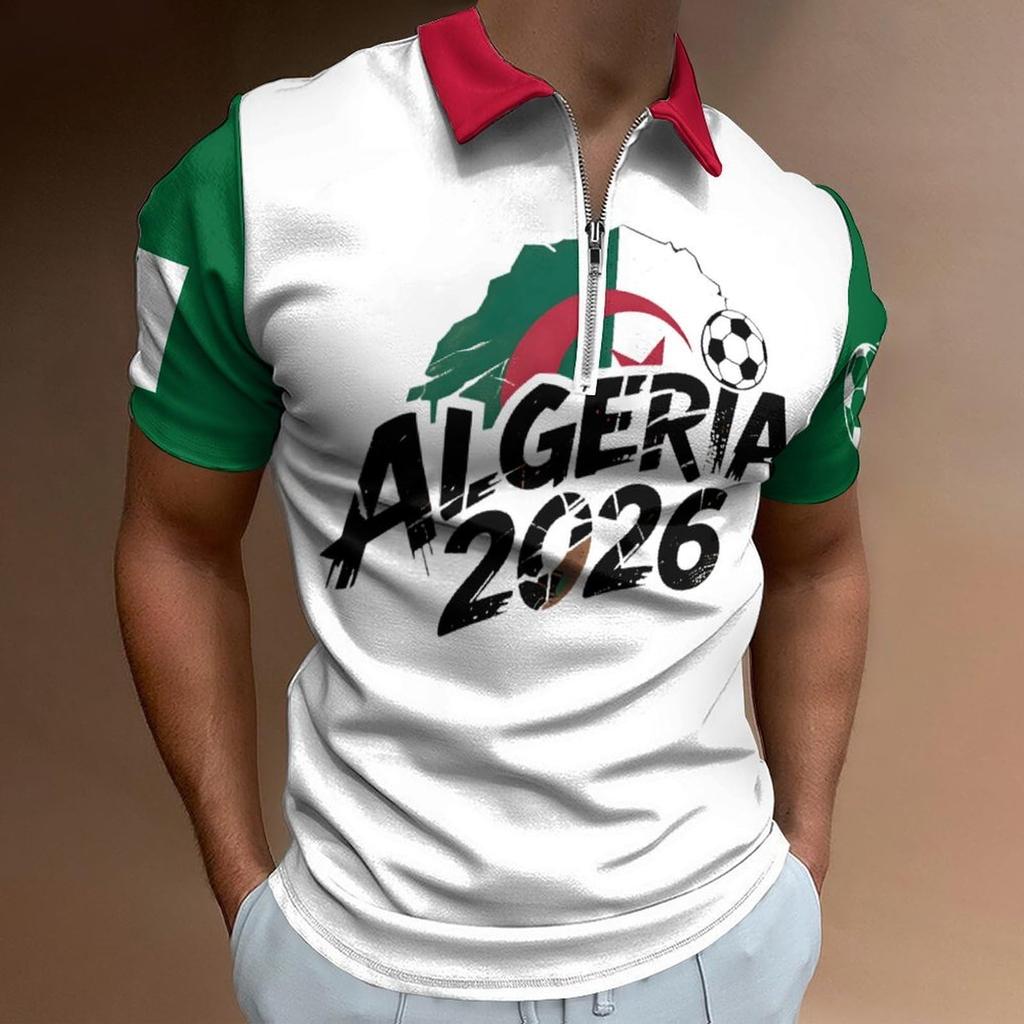 Men’s Casual Loose Fit Polo Shirt with Letter Print and Soccer Graphic Short Sleeve Top Zipper Collar Comfortable Design