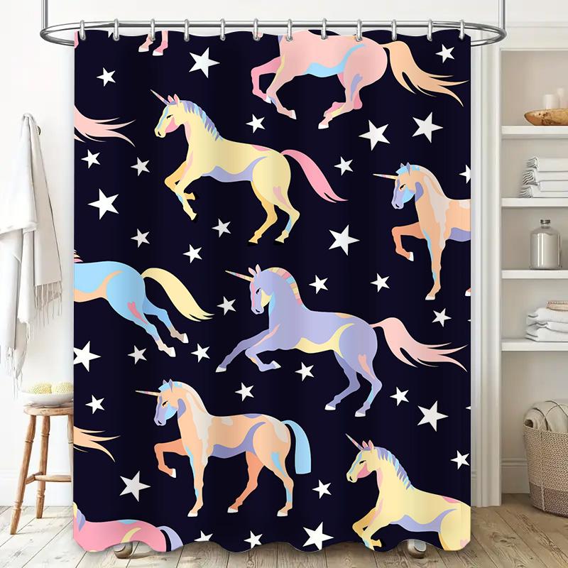 Stylish Unicorn Shower Curtain Waterproof Fabric Bath Decor Blue Background with Stars Pattern Bathroom Linen Decoration for Hom