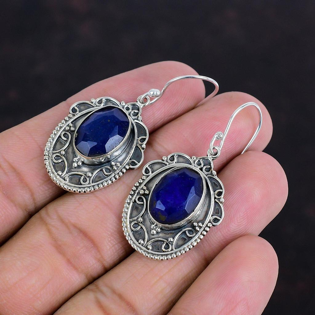 Cercei cu safir albastru fațetat, cercei cu pietre prețioase originale, bijuterii unice, cercei din argint 925, cercei vintage lucrați manual, cadouri pentru soție