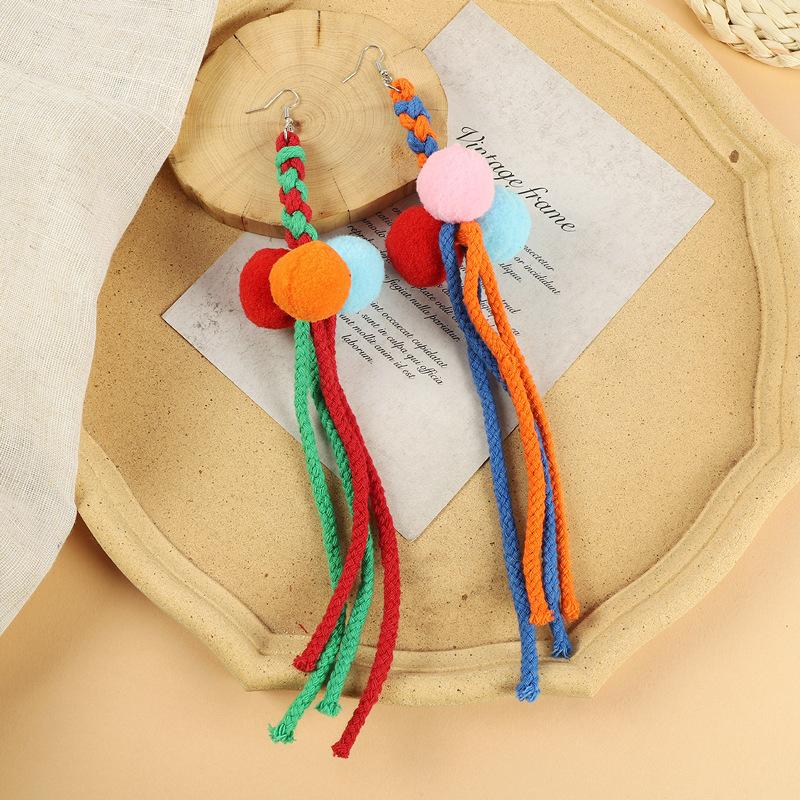Pompom Earrings Women's Long Personalized Colored Hairball Stud Earrings Vintage Bohemian Vacation Fringed Earrings
