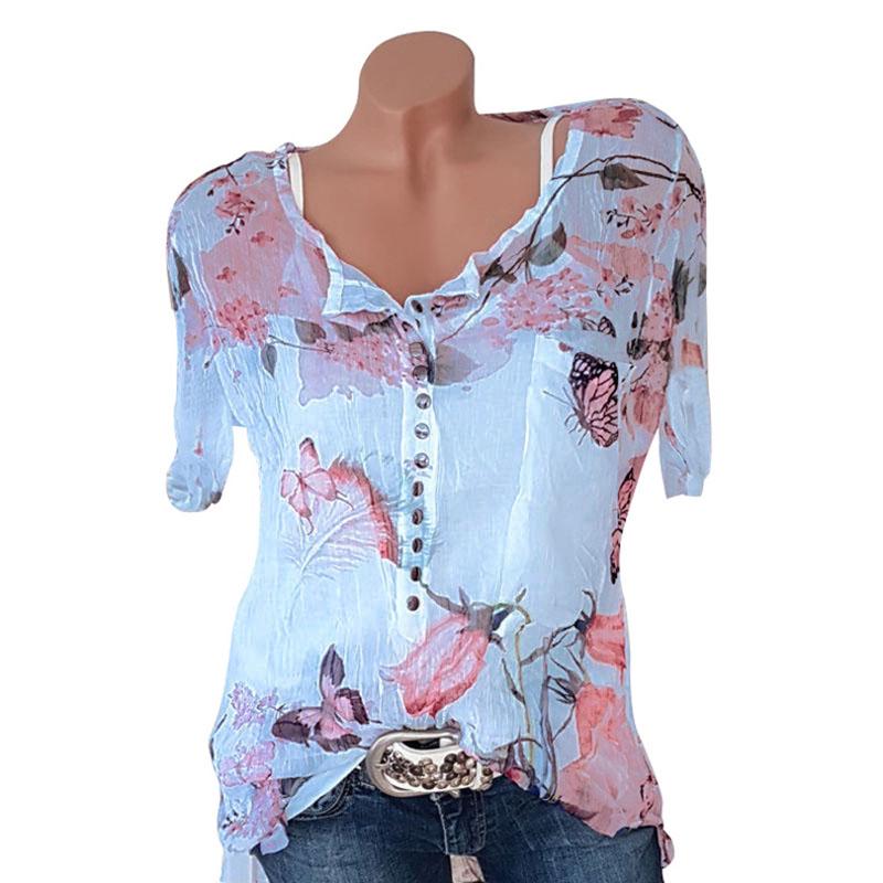 

Women Button Blouse Floral Short Sleeve Ladies Chiffon Loose Casual Tops Tshirt 5XL синій