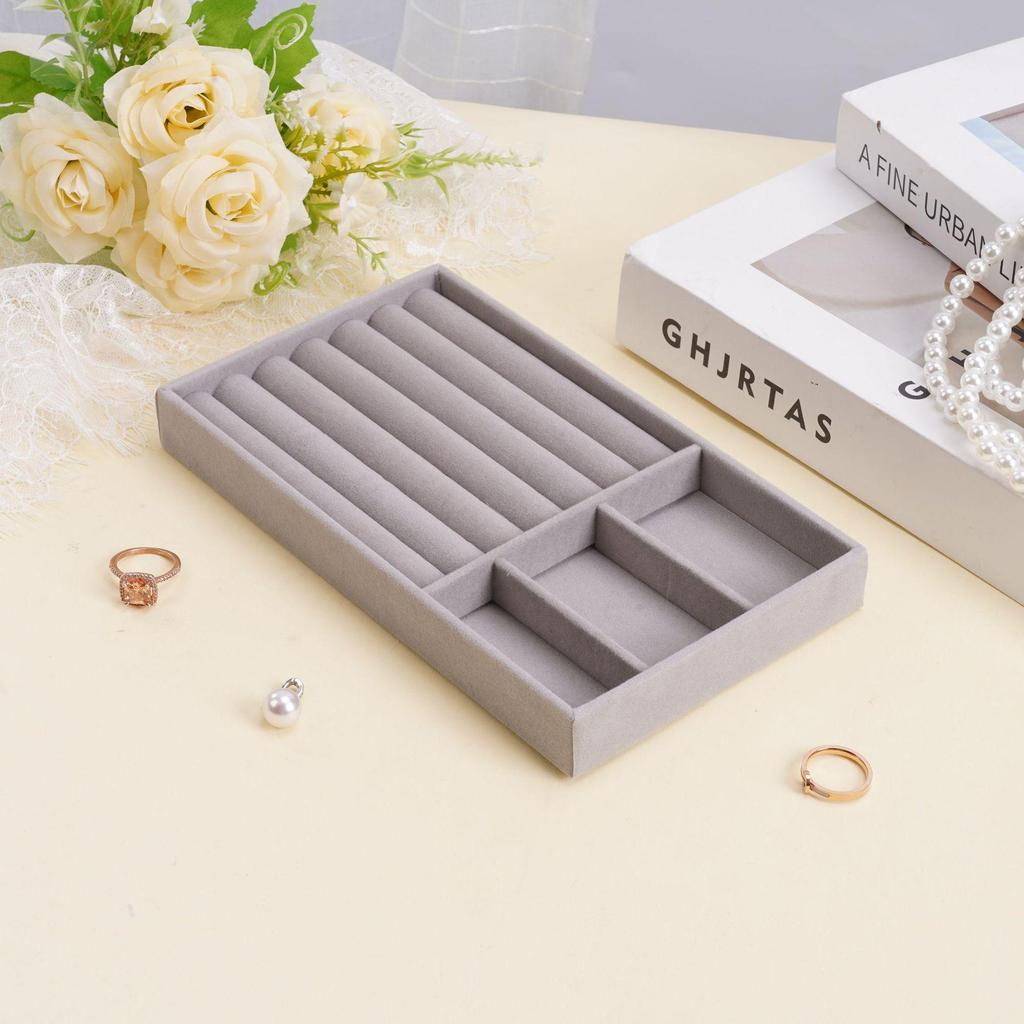 Velvet Jewelry Box with Drawer: Grey Multifunctional Tray for Necklaces & Rings
