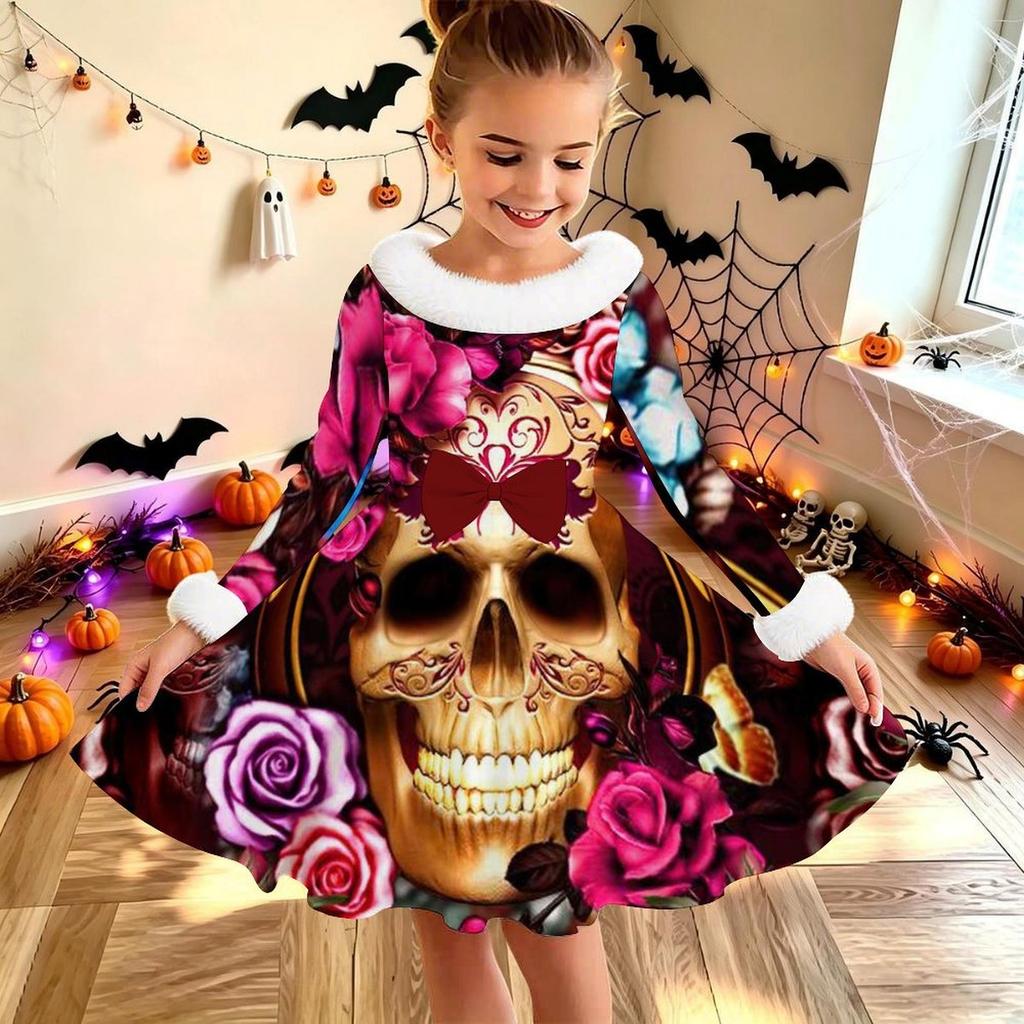 Kinder Langarm Weihnachtskleid, Halloween-Print Kunstpelzkragen Schleifen-Dekor Prinzessinnenkleider für Mädchen Feiertagsparty-Kleidung