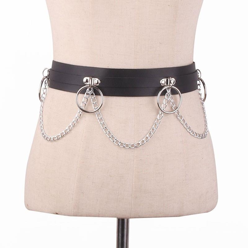 Gothic Waist Chain Alloy and PU Leather Body Chains with Rounded Circle Decor Body Straps Accessories for Women and Girl