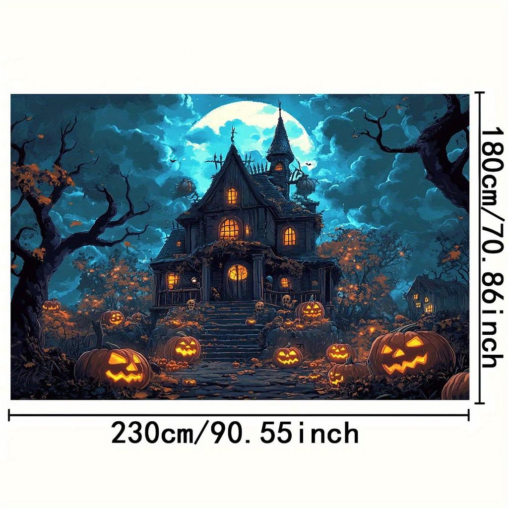 Ghost House Halloween Background Cloth - Non Electric Party Decoration Banner with Manor Pumpkin Lantern Full Moon and Bats