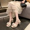 Hot Selling 2025 Summer New Block Heel Versatile One Buckle Strap Open Toe High Heels Bow Rhinestone Square Toe Sandals Women