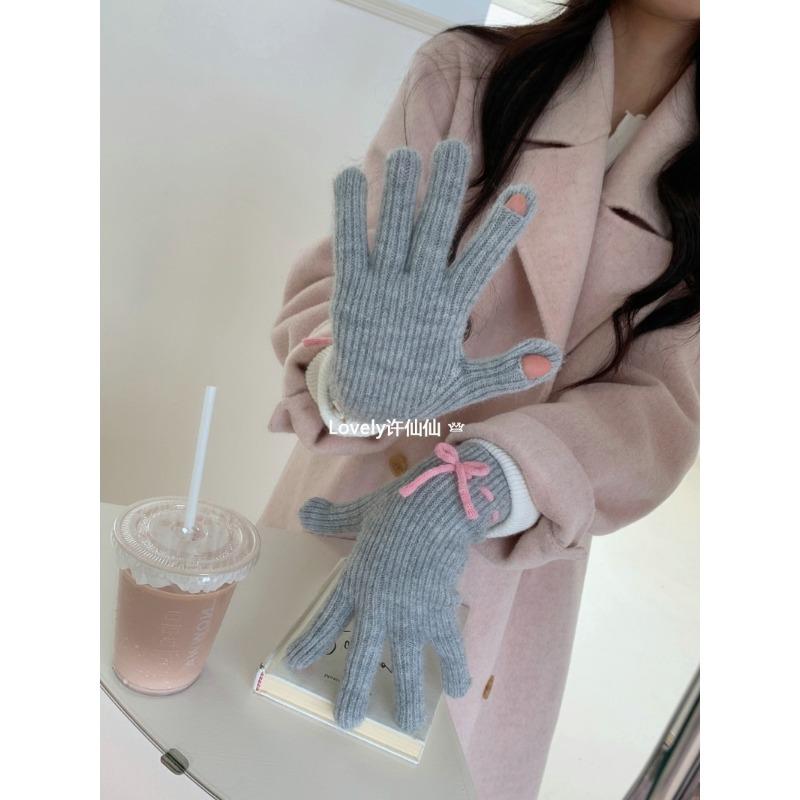 Student riding warm gloves autumn and winter cute bow knitted gloves female student finger gloves