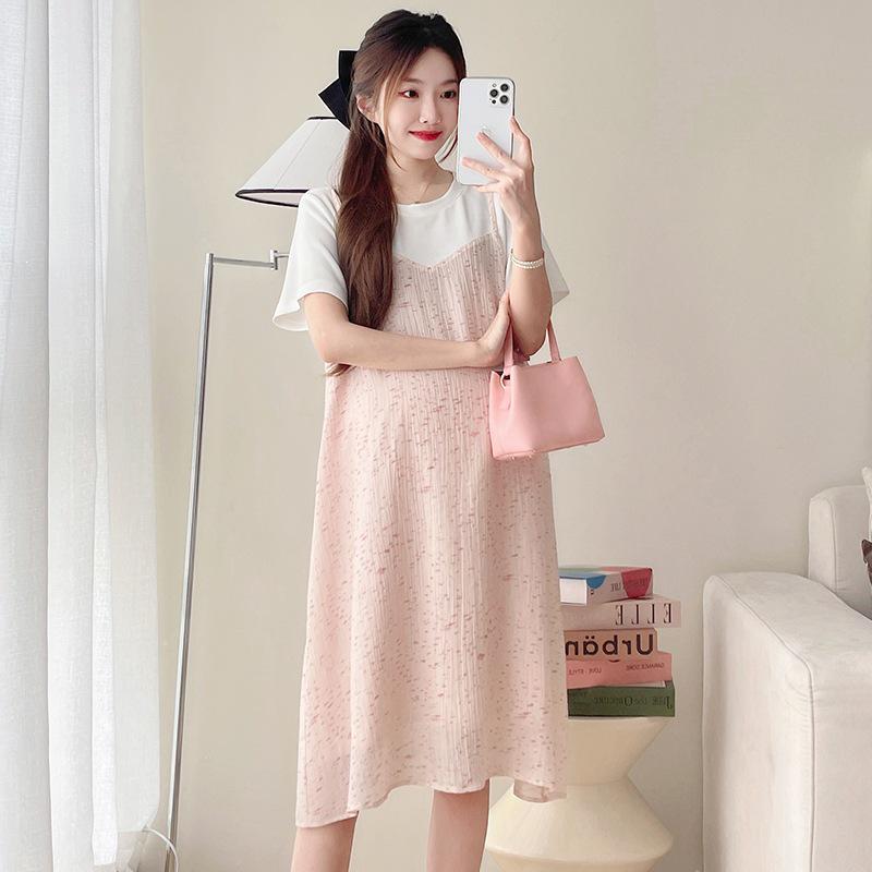 Summer 2026 Versatile Slimming Maternity Patchwork Dress - Two-Piece Look L