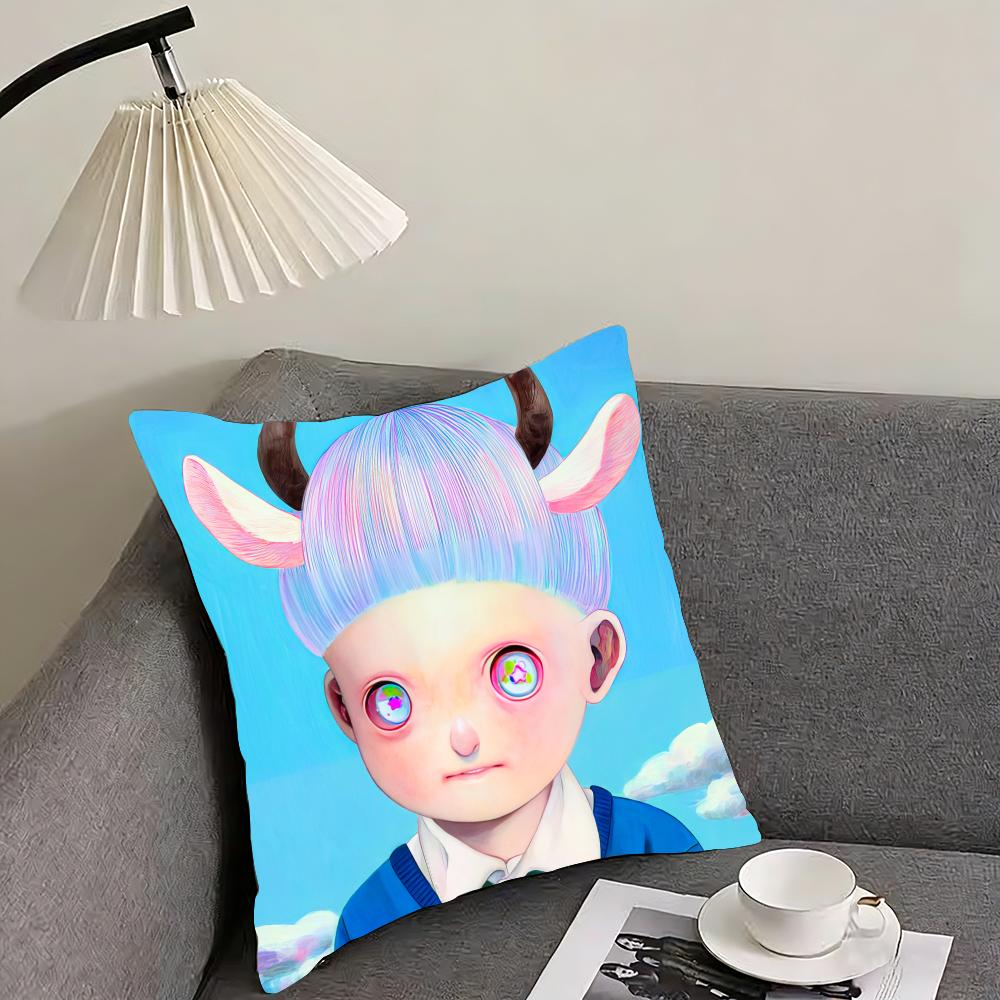 H-Hikari Shimoda IllustrationS Cushion Cover Reversible Plush Pillow Cover – For car, sofa, bedroom, perfect as a gift.
