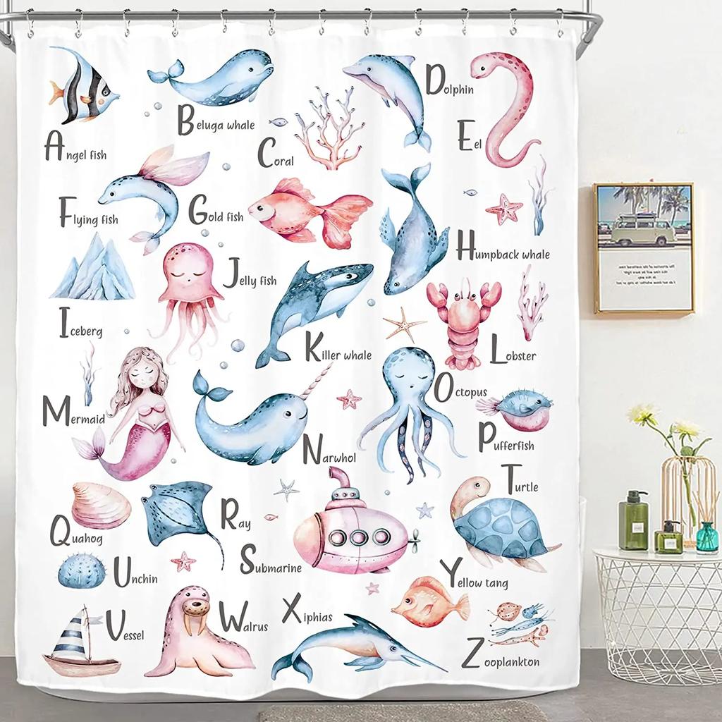 Kids Alphabet Shower Curtains For Bathroom Decor Abc Educational Learning Tool Baby Cartoon Animals Colorful Girls Boys Printed