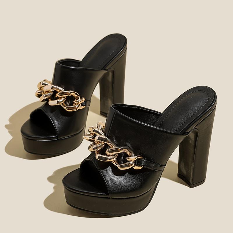 

Летние новые модные туфли на платформе с высоким каблуком, женские туфли для вечеринок, ночных клубов, с металлической цепочкой, женские сандалии, туфли-лодочки 36 чёрный