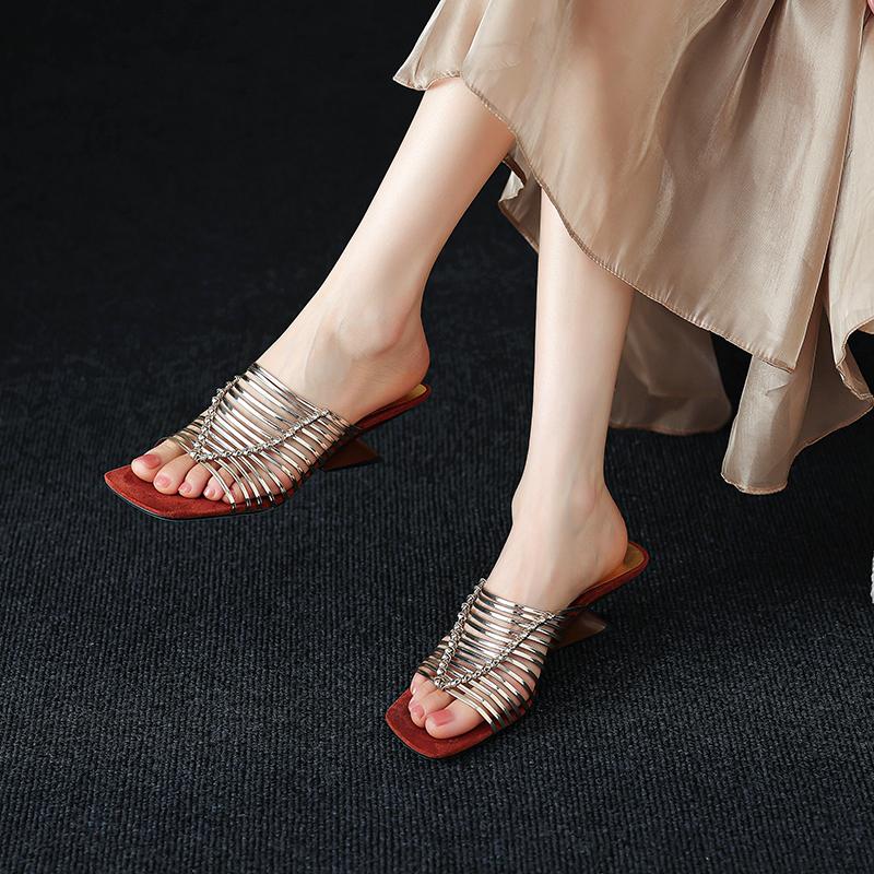 6Cm~ Special-shaped Heel French Retro Temperament Thin Band Wedge Heel High Heels Not Tired Feet Beautiful Roman Cool Slippers Women's Summer