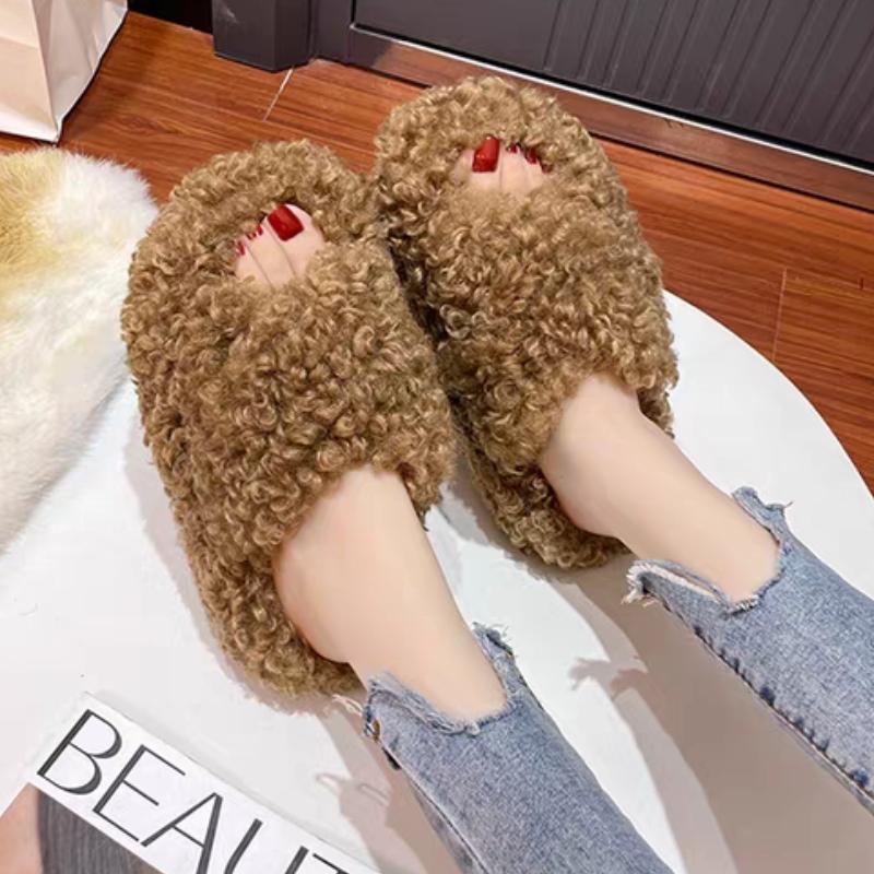 Fashion Women Fur Slippers Casual New Suede Flats Shoes 2025 Fashion Winter Short Plush Cozy Flip Flops Open Toe Slides Woman Zapatos