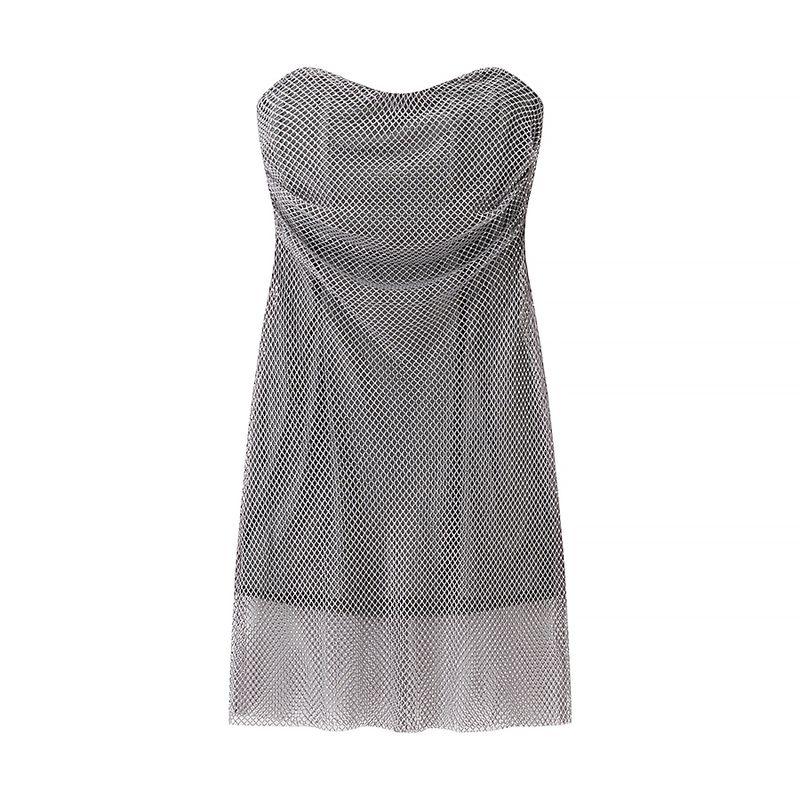 Shining Melody Super Fairy Romantic Silver Hollow Shiny Rhinestone Strapless Dress Sexy Silm Sexy Dress
