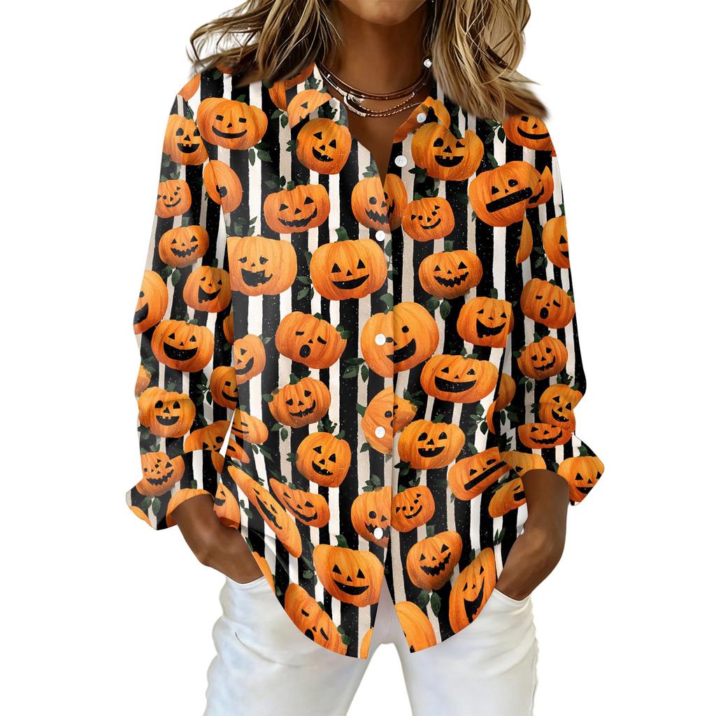 Women Long Sleeve Button Down Shirt Halloween Pumpkin Print Turn Down Collar Casual Fit Blouse Top for Autumn