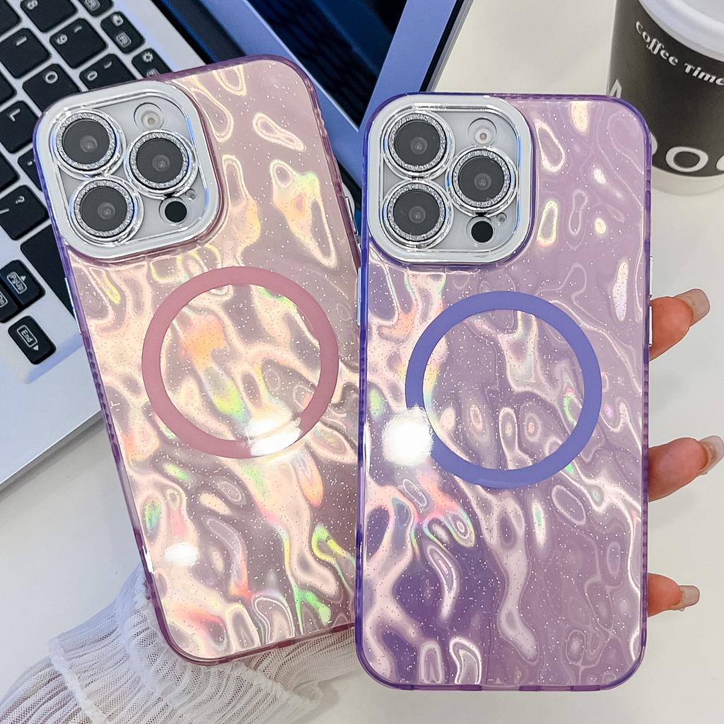Folded Pattern Is Suitable for iPhone16promax Magnetic Mobile Phone Case, Tinfoil Pattern, Apple 15 Glitter Lens Film.