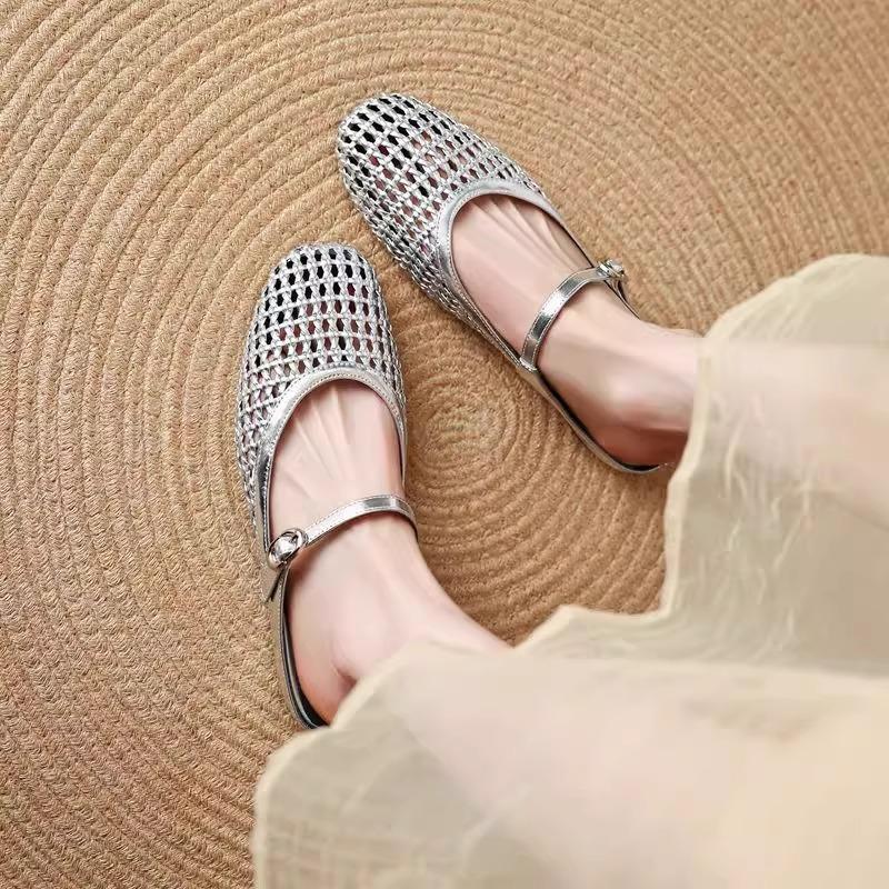 [Fanfna] Mesh hollow bag head drag women's flat bottom low height cool slippers women's one-word belt woven half drag women's shoes