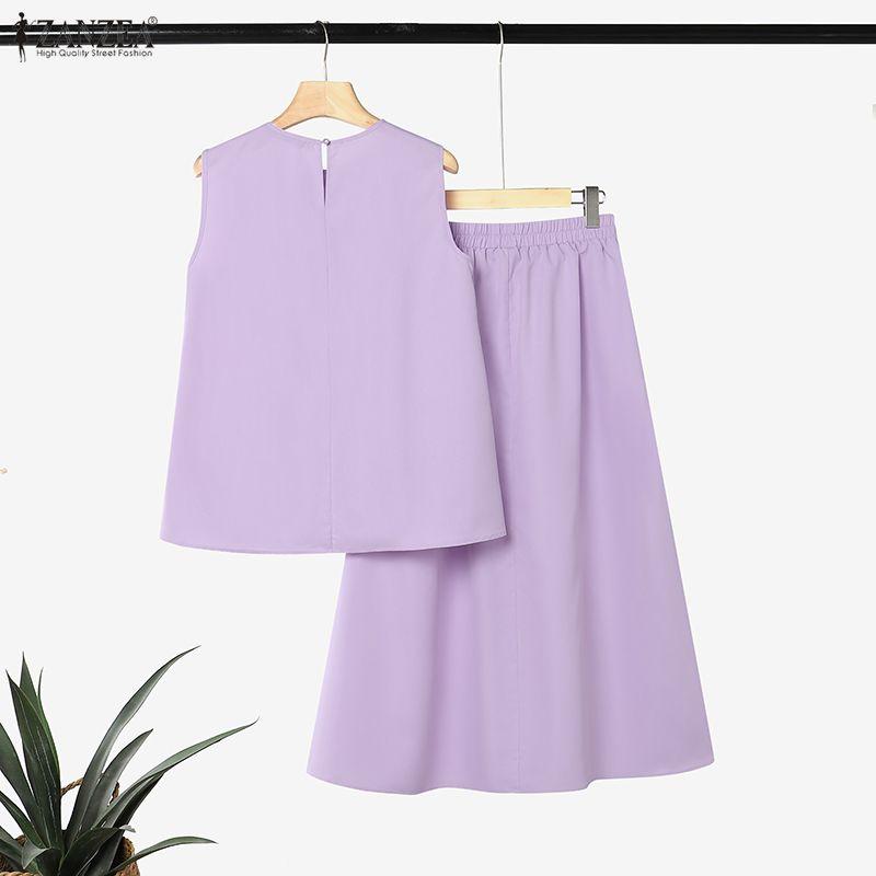 ZANZEA Women Elegant Casual Sleeveless Vest Tops With Loose Skirts Two Piece Suit Sets